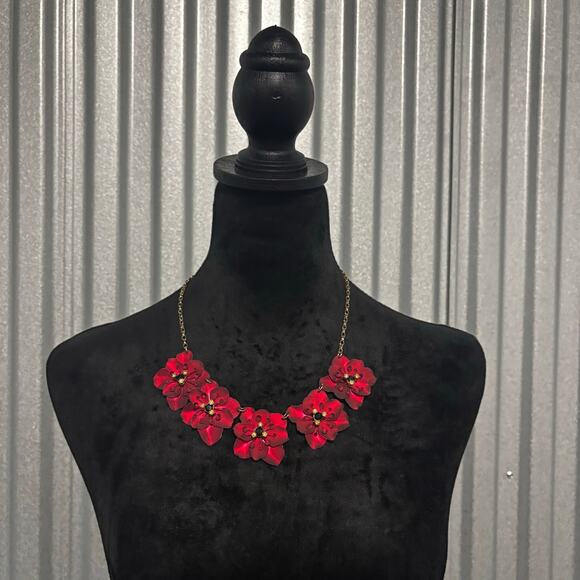Bold Red Layered Flower Statement Necklace Gold Chain | Glam Floral Jewelry - Picture 9 of 13